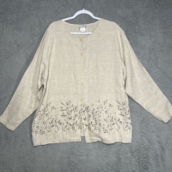 Hot Cotton Women’s L Beige Linen Tunic with Floral Pattern on Bottom - Picture 1 of 7